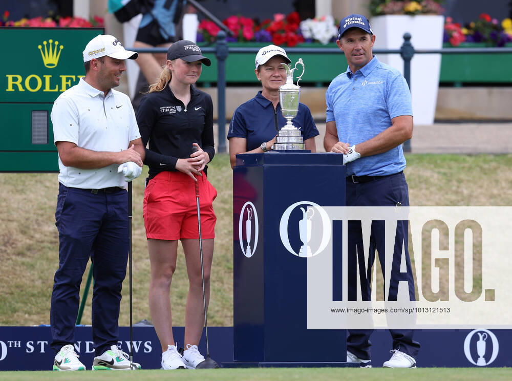 11th July 2022, Old Course at St Andrews, St Andrews, Fife, Scotland; The Open Golf Championship pre-tournament activities; Francesco Molinari, Louise Duncan, Catriona Matthew and Padraig Harrington pose for a photo with the Claret Jug ActionPlus12407584 DavidxBlunsden