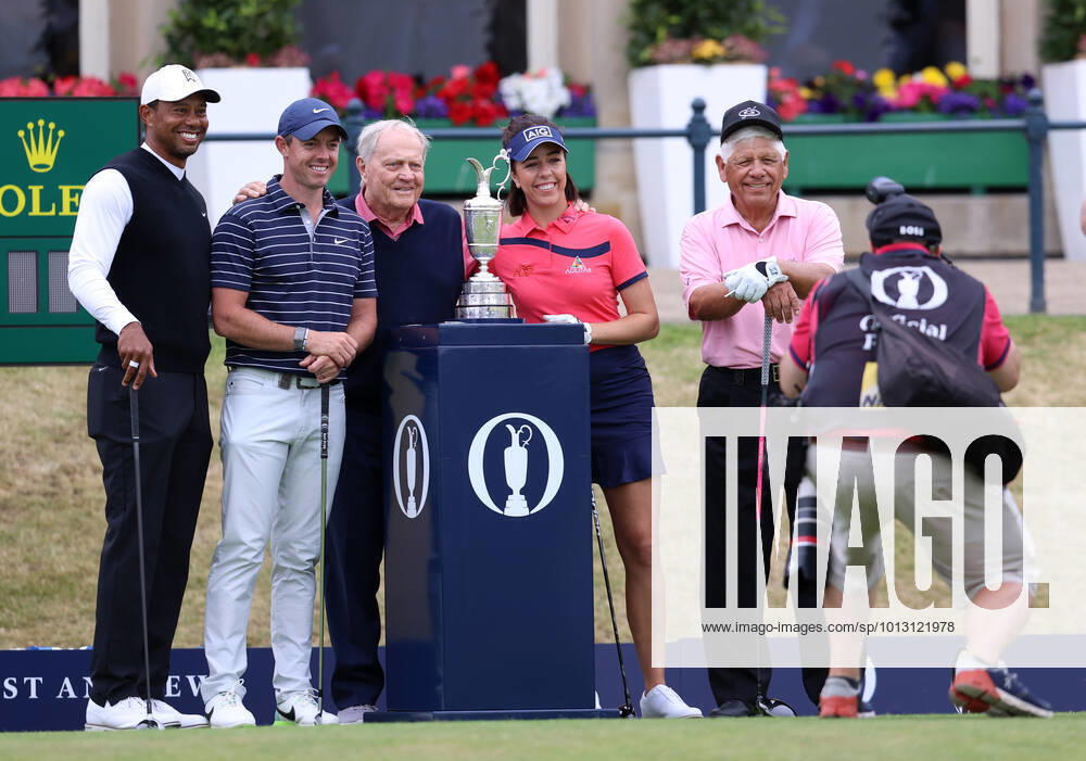11th July 2022, Old Course at St Andrews, St Andrews, Fife, Scotland; The Open Golf Championship pre-trounament activities; Tiger Woods, Rory McIlroy, Jack Nicklaus, Georgia Hall and Lee Trevino pose for a photo with the claret jug during the Celebration of Champions event ActionPlus12407624 DavidxBlunsden