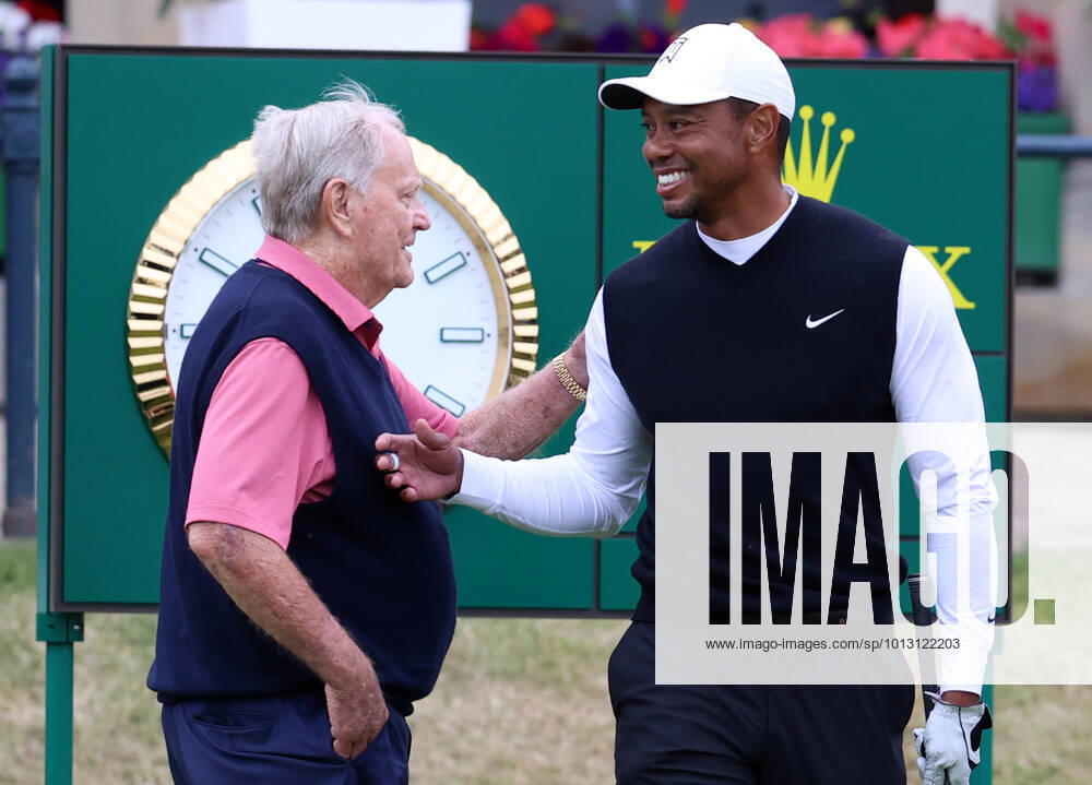 11th July 2022, Old Course at St Andrews, St Andrews, Fife, Scotland; The Open Golf Championship pre-tournament activities; Jack Nicklaus speaks with Tiger Woods on the first tee during the Celebration of Champions event ActionPlus12407643 DavidxBlunsden