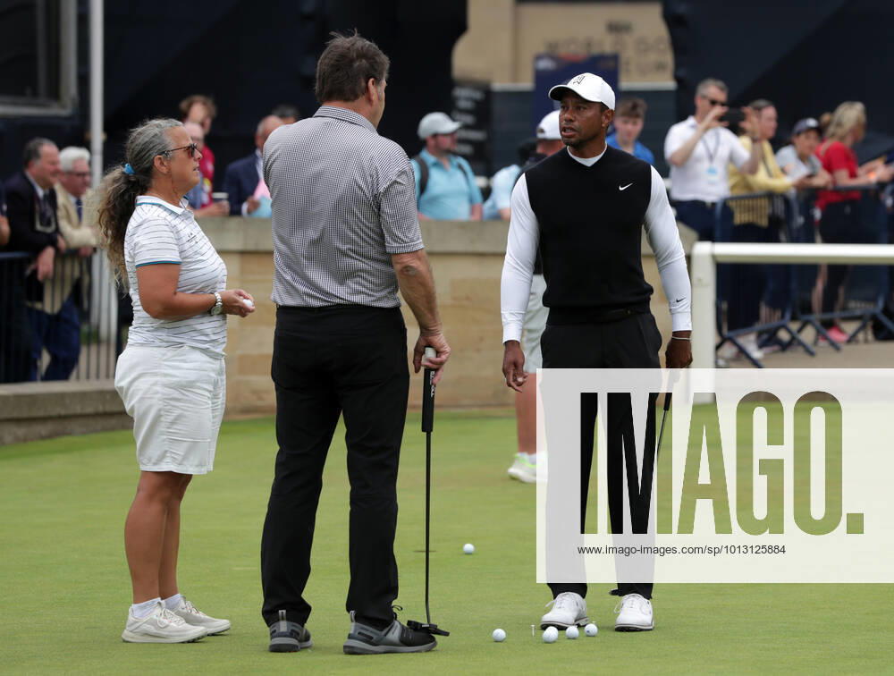 11th July 2022, Old Course at St Andrews, St Andrews, Fife, Scotland; The Open Golf Championship pre-tournament activities; Tiger Woods (USA) chats with Sir Nick Faldo on the practice putting green ActionPlus12407742 DavidxBlunsden