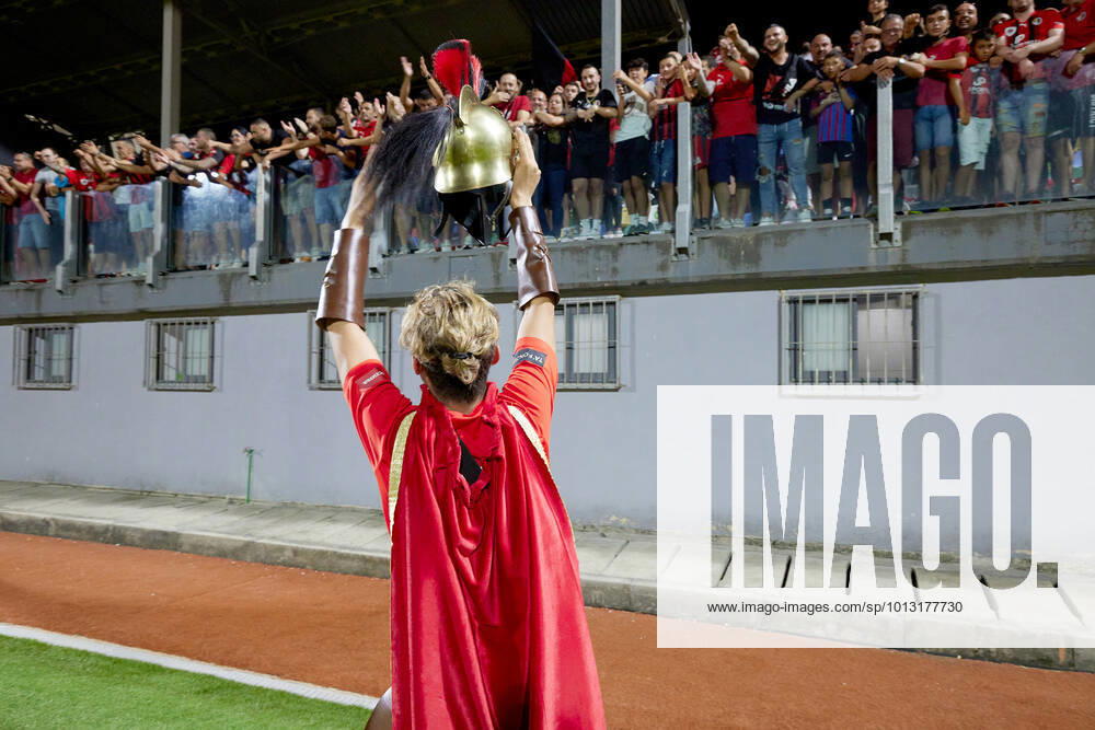 TA QALI, MALTA - 14 JULY 2022 A Hamrun Spartans mascot clad in a Spartan tunic salutes his teams supporters after the First qualifying round, 2nd leg soccer match, from the UEFA Europa Conference League between Hamrun Spartans and Alashkert at the Centenary Stadium, Ta Qali, Malta on 14 July 2022. Hamrun Spartans won 4-1 to advance further in the competition. Photo Domenic Aquilina Hamrun Spartans FC (MLT) v Alashkert FC (ARM) UECL_22_23