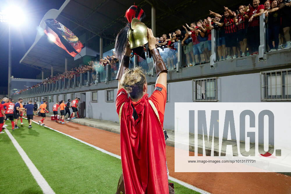 TA QALI, MALTA - 14 JULY 2022 A Hamrun Spartans mascot clad in a Spartan tunic salutes his teams supporters after the First qualifying round, 2nd leg soccer match, from the UEFA Europa Conference League between Hamrun Spartans and Alashkert at the Centenary Stadium, Ta Qali, Malta on 14 July 2022. Hamrun Spartans won 4-1 to advance further in the competition. Photo Domenic Aquilina Hamrun Spartans FC (MLT) v Alashkert FC (ARM) UECL_22_23