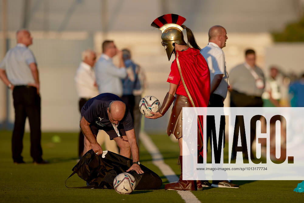 TA QALI, MALTA - 14 JULY 2022 A Hamrun Spartans mascot clad in a Spartan tunic hands over a ball to a club team staff person ahead of the First qualifying round, 2nd leg soccer match, from the UEFA Europa Conference League between Hamrun Spartans and Alashkert at the Centenary Stadium, Ta Qali, Malta on 14 July 2022. Photo Domenic Aquilina Hamrun Spartans FC (MLT) v Alashkert FC (ARM) UECL_22_23