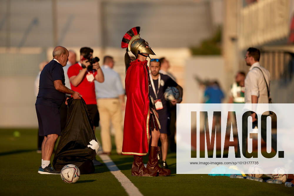 TA QALI, MALTA - 14 JULY 2022 A Hamrun Spartans mascot clad in a Spartan tunic ahead of the First qualifying round, 2nd leg soccer match, from the UEFA Europa Conference League between Hamrun Spartans and Alashkert at the Centenary Stadium, Ta Qali, Malta on 14 July 2022. Photo Domenic Aquilina Hamrun Spartans FC (MLT) v Alashkert FC (ARM) UECL_22_23