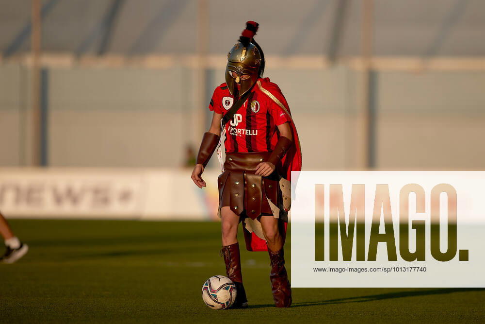 TA QALI, MALTA - 14 JULY 2022 A Hamrun Spartans mascot clad in a Spartan juggles with a ball ahead of the First qualifying round, 2nd leg soccer match, from the UEFA Europa Conference League between Hamrun Spartans and Alashkert at the Centenary Stadium, Ta Qali, Malta on 14 July 2022. Photo Domenic Aquilina Hamrun Spartans FC (MLT) v Alashkert FC (ARM) UECL_22_23