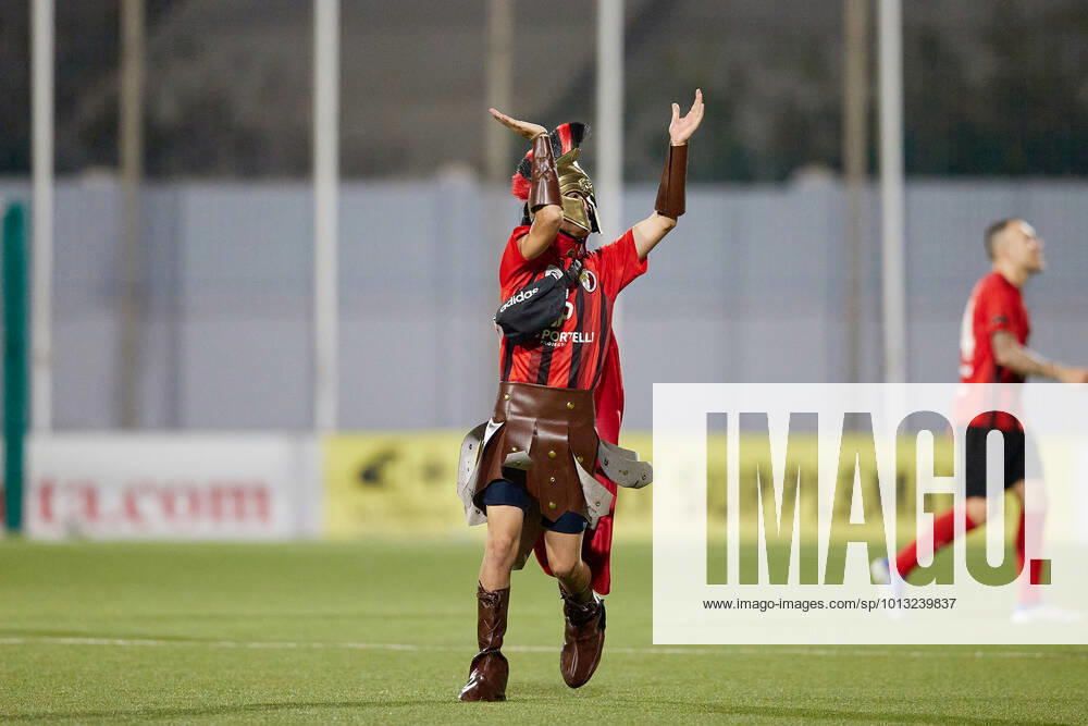 TA QALI, MALTA - 14 JULY 2022 A Hamrun Spartans mascot clad in a Spartan tunic salutes the team supporters after the First qualifying round, 2nd leg soccer match, from the UEFA Europa Conference League between Hamrun Spartans and Alashkert at the Centenary Stadium, Ta Qali, Malta on 14 July 2022. Hamrun Spartans won 4-1 to advance further in the competition. Photo Domenic Aquilina Hamrun Spartans FC (MLT) v Alashkert FC (ARM) UECL_22_23