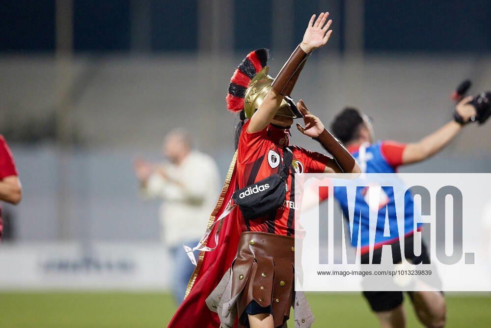 TA QALI, MALTA - 14 JULY 2022 A Hamrun Spartans mascot clad in a Spartan tunic salutes the team supporters after the First qualifying round, 2nd leg soccer match, from the UEFA Europa Conference League between Hamrun Spartans and Alashkert at the Centenary Stadium, Ta Qali, Malta on 14 July 2022. Hamrun Spartans won 4-1 to advance further in the competition. Photo Domenic Aquilina Hamrun Spartans FC (MLT) v Alashkert FC (ARM) UECL_22_23