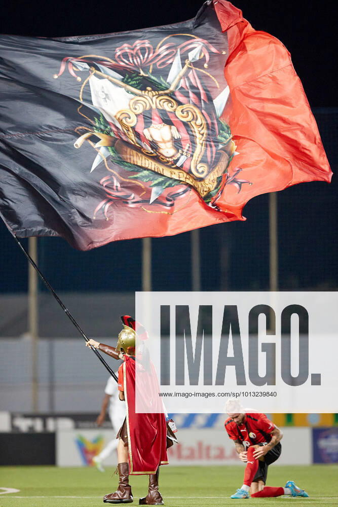 TA QALI, MALTA - 14 JULY 2022 A Hamrun Spartans mascot clad in a Spartan tunic shows off the Hamrun flag after the First qualifying round, 2nd leg soccer match, from the UEFA Europa Conference League between Hamrun Spartans and Alashkert at the Centenary Stadium, Ta Qali, Malta on 14 July 2022. Hamrun Spartans won 4-1 to advance further in the competition. Photo Domenic Aquilina Hamrun Spartans FC (MLT) v Alashkert FC (ARM) UECL_22_23
