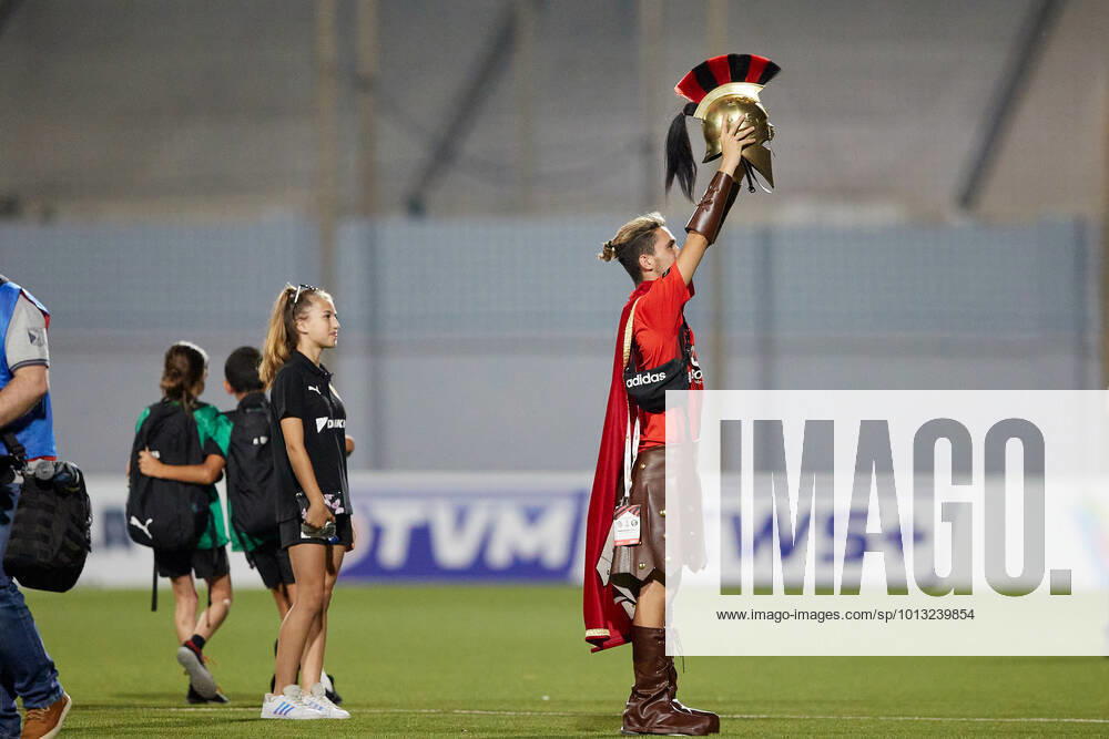 TA QALI, MALTA - 14 JULY 2022 A Hamrun Spartans mascot clad in a Spartan tunic salutes the team supporters after the First qualifying round, 2nd leg soccer match, from the UEFA Europa Conference League between Hamrun Spartans and Alashkert at the Centenary Stadium, Ta Qali, Malta on 14 July 2022. Hamrun Spartans won 4-1 to advance further in the competition. Photo Domenic Aquilina Hamrun Spartans FC (MLT) v Alashkert FC (ARM) UECL_22_23