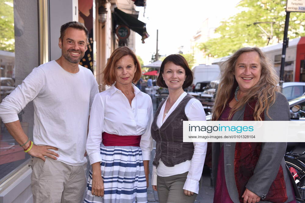 The actors Sebastian Feicht, l r, Petra Blossey, Sylvia Agnes Muc and Mila Kreidler Suite Grand Royal pose at the press conference for the reopening with a new hygiene concept in June and programme presentation of the Volkbühne am Rudolfplatz