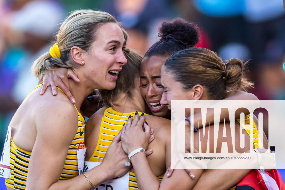 World Athletics Championships Oregon 22 United States of America, 23 07 2022 Alexandra Burghardt, Gina Lueckenkemper, Tatjana Pinto, and Rebekka Haase of Germany win bronze in the 4 x 100 m relay of the women at the World Athletics Championships Oregon 22 in Eugene, on Saturday