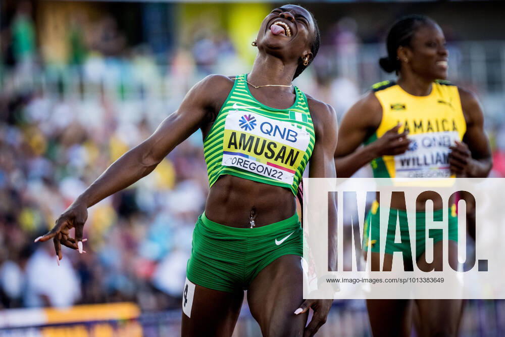 KW29 Nigerian Tobi Amusan celebrates as she crosses the finish line to win the women s 100m hurdles, at the 19th IAAF World Athletics Championships in Eugene, Oregon, USA, Sunday 24 July 2022. The Worlds are taking place from 15 to 24 July, after being postponed in 2021 due to the ongoing corona virus pandemic. JASPERxJACOBS x37798474x