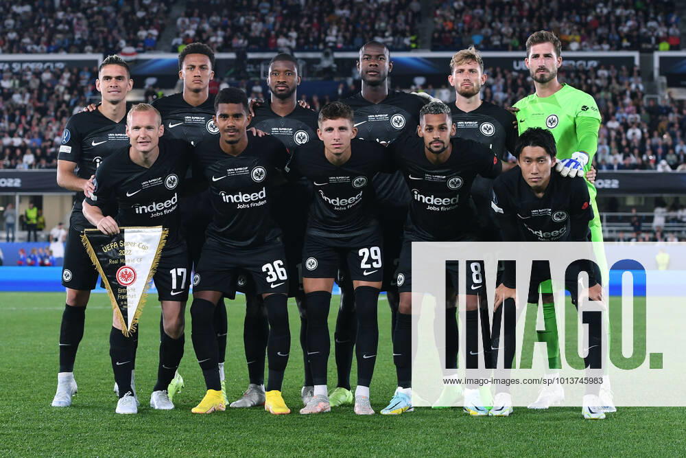 Soccer UEFA Super Cup Real Madrid Eintracht Frankfurt on 10 08 2022 at the Olympic Stadium in Helsinki team photo team photo Eintracht Frankfurt back row f l n r Rafael Borre Frankfurt Lucas Silva Melo Tuta Frankfurt Almamy Toure Frankfurt Evan Ndicka Frankfurt Christopher Lenz Frankfurt Kevin Trapp Frankfurt front row f l n r Sebastian Rode Frankfurt Ansgar Knauff Frankfurt Jesper Lindström Frankfurt Djibril Sow Frankfurt Daichi Kamada Frankfurt