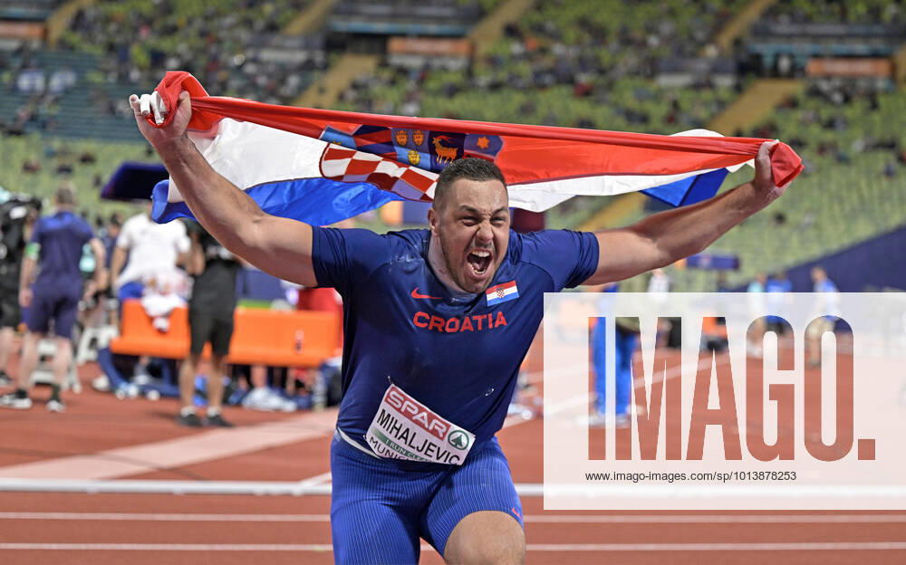 European Championchips Munich 2022, athletics at the Olympic Stadium Munich, shot put men final, winner Filip Mihaljevic Croatia cheers