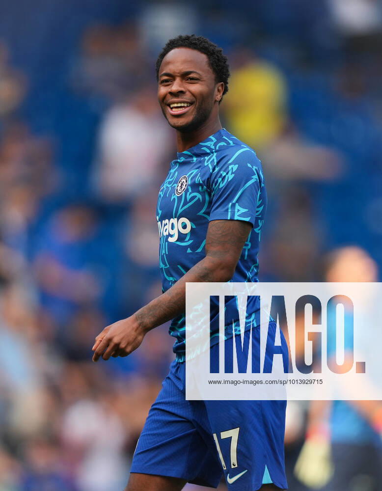 Raheem Sterling of Chelsea pre match during the Premier League match between Chelsea and Tottenham Hotspur at Stamford Bridge, London, England on 14 August 2022.