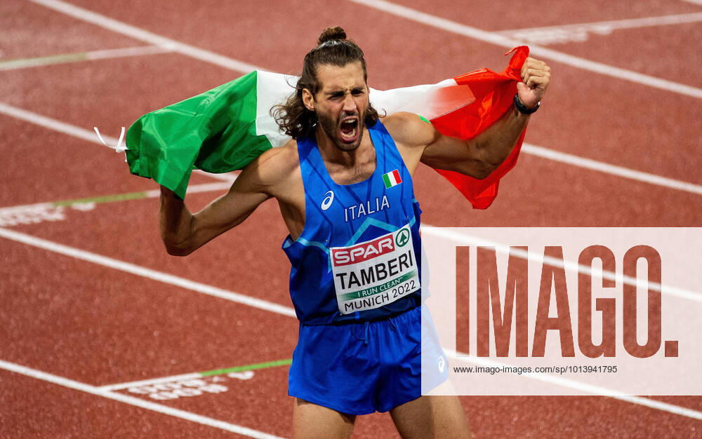 European Championships Munich22 Athletics, 18 08 2022 Gianmarco Tamberi ITA celebrates the European title in the mens high jump European Championships Munich22 Athletics Evening Session on 18 08 2022 at the Olympiastadion in Munich Germany