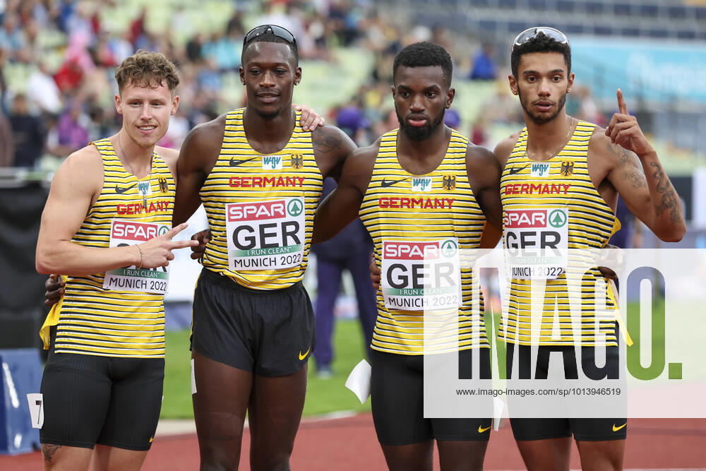 European Championships Munich22 Athletics, 19 08 2022 New German Record v l Kevin Kranz GER , Owen Ansah GER , Lucas Ansah Peprah GER , Joshua Hartmann GER European Championships Munich22 on 19 08 22 at the Olympic Stadium in Munich, Germany.