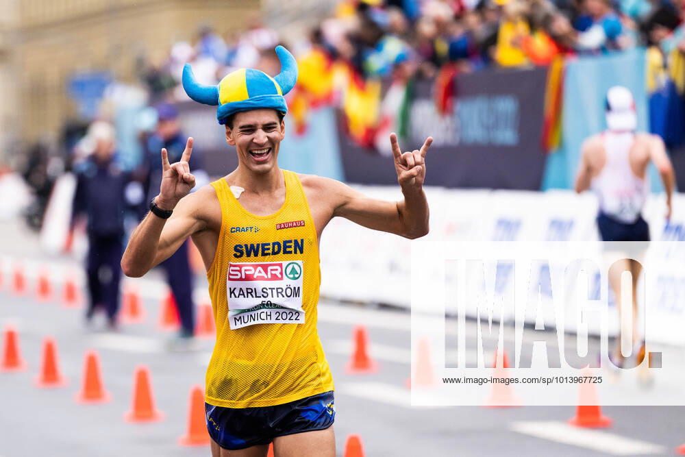 Perseus Karlström of Sweden celebrates after men?s 20 km race walk during day 10 of the European Championships on August 20, 2022 in Munich Photo Mathias Bergeld BILDBYRAN code MB MB0442 friidrott athletics friidrett europameisterskap em em 2022 european championships munich 2022 munchen em day 10 bbeng cheer Sweden,