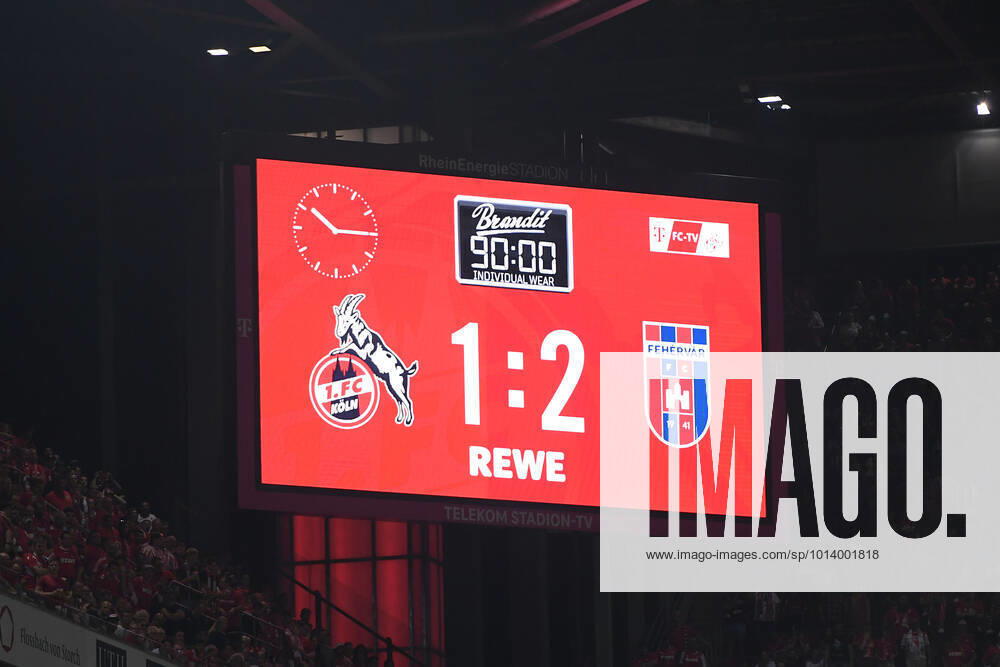 Soccer UEFA Conference League Play Off 1 FC Köln Fehervar FC on 18 08 2022 at RheinEnergieStadion in Cologne final scoreboard video wall 1 2