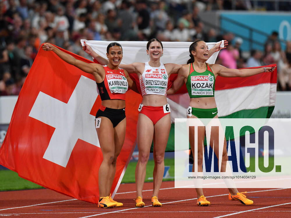 The winners KAMBUNDJI Ditaji Switzerland SKRZYSZOWSKA Pia Poland and KOZAK Luca Hungary at the 100m hurdles competition of the European Championships 2022 in Munich on 21 08 2022 Munich Olympic Stadium Bavaria Germany