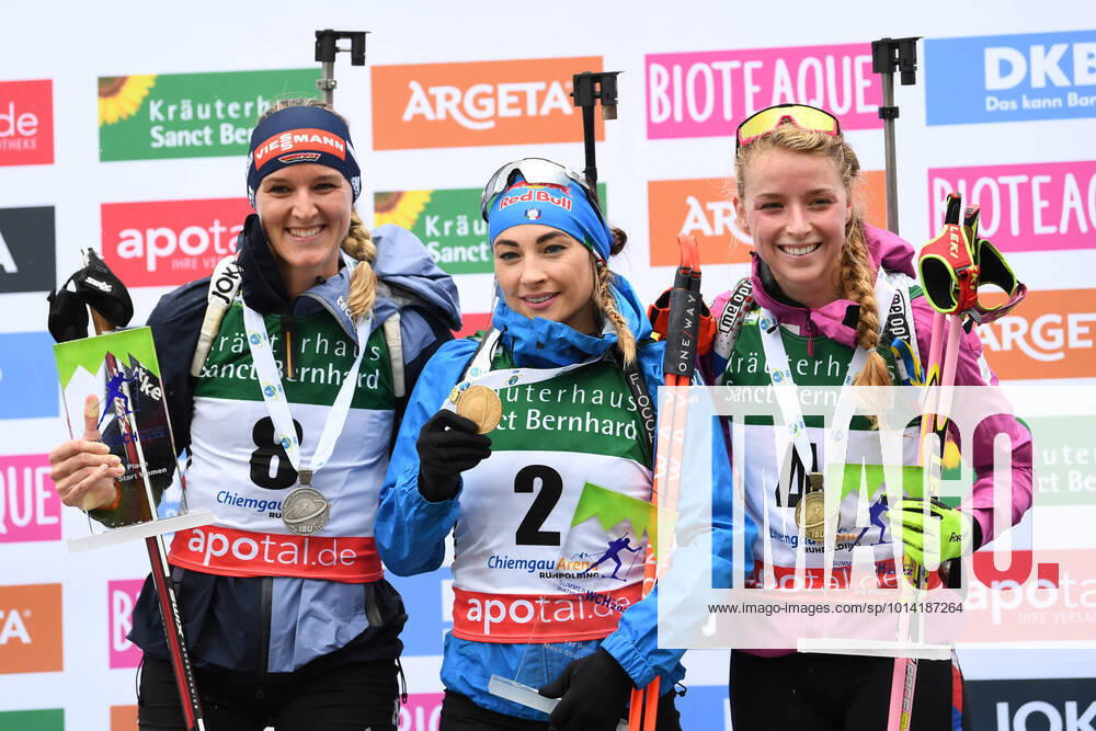 Biathlon award ceremony with HERRMANN Denise GER , WIERER Dorothea ITA and DAVIDOVA Marketa CZE of the GALA mass start of the women of the IBU Summer Biathlon World Championships in Ruhpolding on 28 08 2022, Germany, Upper Bavaria Ruhpolding Chiemgau Arena Upper Bavaria Germany