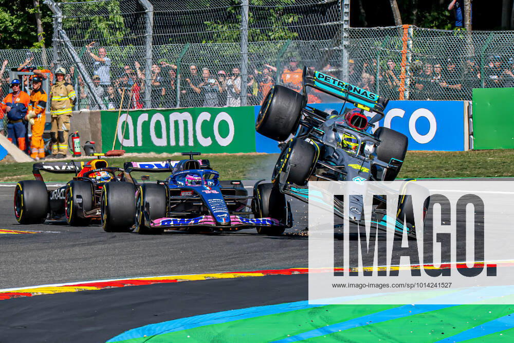 STAVELOT, BELGIUM: Lewis Hamilton, racing for the Mercedes AMG team, crashes with Fernando Alonso on the first lap of the 2022 Formula 1 Belgian Grand Prix at the Circuit de Spa-Francorchamps in Stavelot, Belgium.