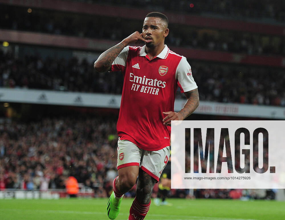 Football - 2022 2023 Premier League - Arsenal vs Aston Villa - Emirates Stadium - Wednesday 31st August 2022 Gabriel Jesus of Arsenal celebrates scoring his first goal