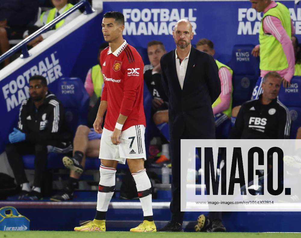 Leicester, England, 1st September 2022. Erik ten Hag manager of Manchester United, ManU waits to send on Cristiano Ronaldo of Manchester United during the Premier League match at the King Power Stadium, Leicester. Picture credit should read: Darren Staples Sportimage . SPI-1833-0031