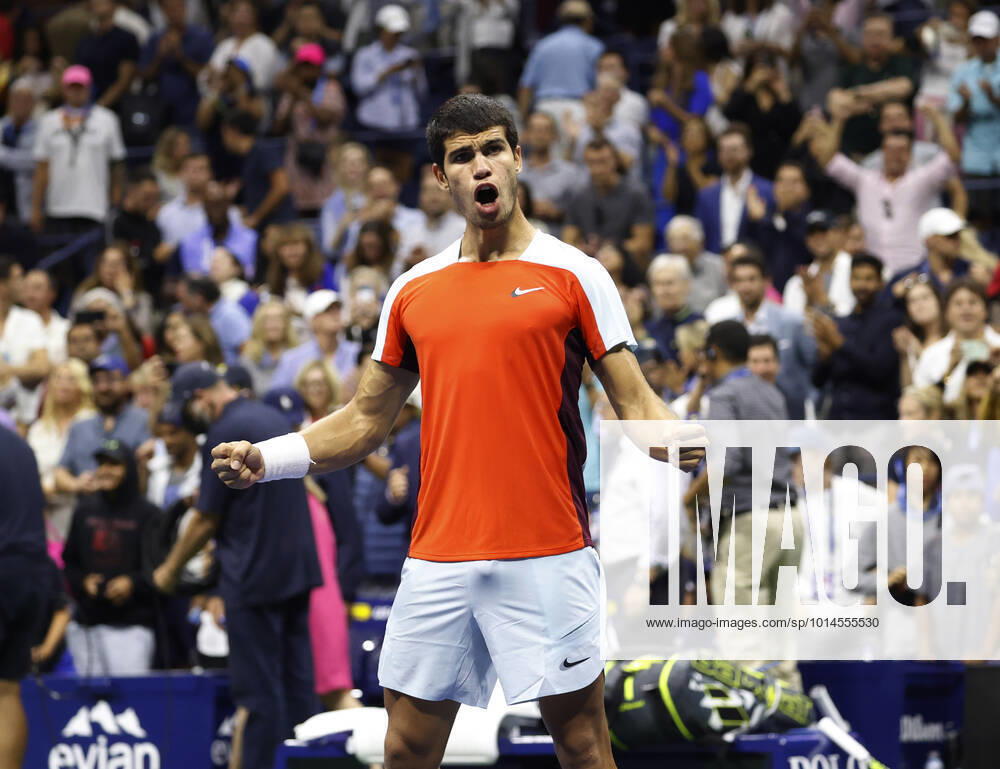 Carlos Alcaraz of Spain celebrates after defeating Frances Tiafoe in the Men s semifinals of the 2022 US Open Tennis Championships at Arthur Ashe Stadium at the USTA Billy Jean King National Tennis Center in New York City on Friday, September 9, 2022. Alcaraz won 6-7, 6-3, 6-1, 6-7, 6-3. NYP20220909667 JOHNxANGELILLO