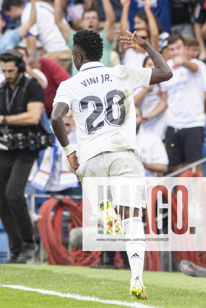 Madrid, Spain Vinicius Junior of Real Madrid Cf celebrates his goal during the LaLiga Santander match between Real Madrid CF and RCD Mallorca at Stadium Santiago Bernabeu on 11 September 2022 in Madrid, Spain Madrid Santiago Bernabeu Community of Madrid Spain