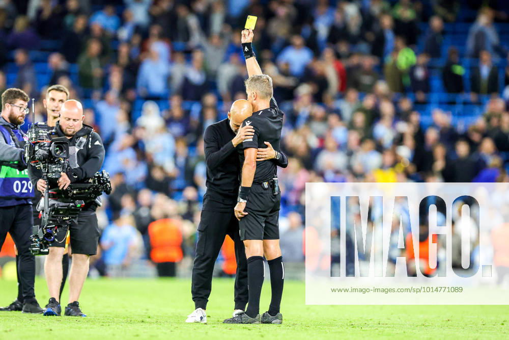 KW37 Manchester City v Borussia Dortmund Champions League 14 09 2022. Pep Guardiola Manager of Manchester City gets a yellow card at full time during the Champions League match between Manchester City and Borussia Dortmund at the Etihad Stadium, Manchester, England on 14 September 2022. Editorial use only ,