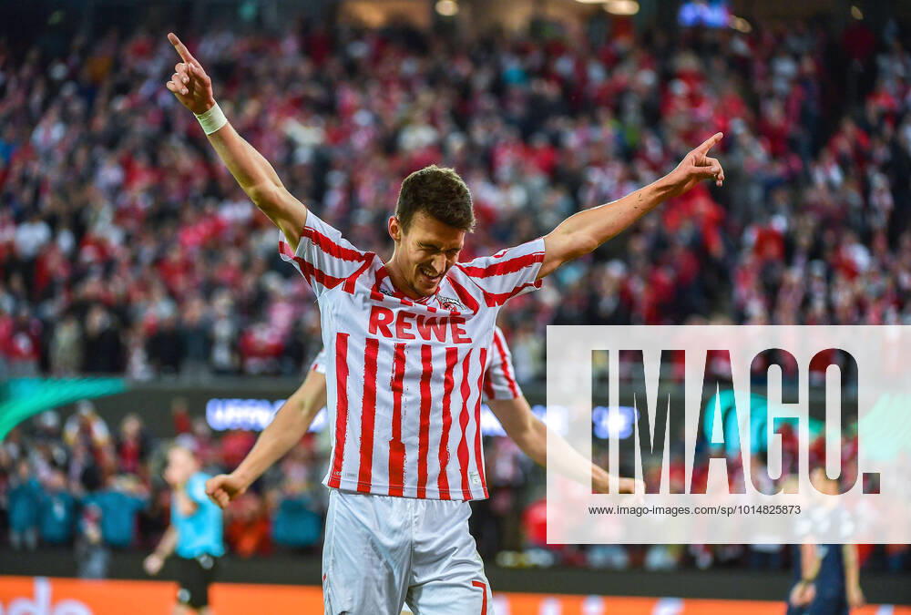 football UEFA Conference League, 1 FC Koeln 1 FC Slovacko, v l Tomas Brecka Slovacko celebrates his goal to 4 2 Behind him Steffen Tigges Koeln Koeln