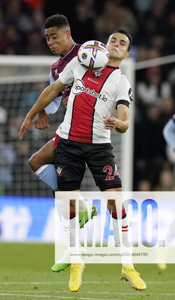 Birmingham, England, 16th September 2022. Jacob Ramsey of Aston Villa challenges Mohamed Elyounoussi of Southampton during the Premier League match at Villa Park, Birmingham. Picture credit should read: Andrew Yates Sportimage . SPI-1879-0016