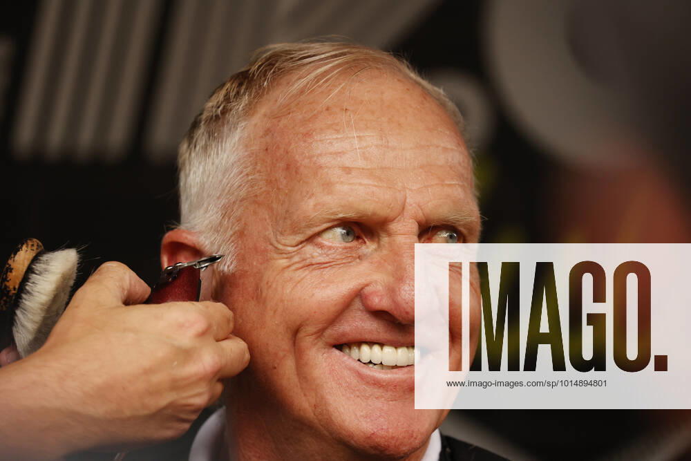 SUGAR GROVE, IL - SEPTEMBER 17: Greg Norman the LIV CEO and golf commissioner gets a mullet hair cut for charity after the second round of the LIV Golf Invitational Series Chicago on September 17, 2022 at Rich Harvest Farms in Sugar Grove, Illinois. (Photo by Brian Spurlock Icon Sportswire) GOLF: SEP 17 LIV Golf Invitational Series Chicago Icon220917052