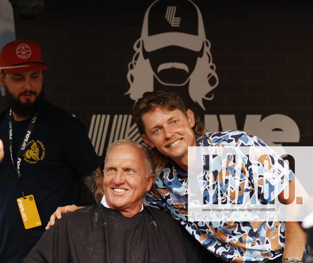 SUGAR GROVE, IL - SEPTEMBER 17: Greg Norman the LIV CEO and golf commissioner poses for a photo with Cameron Smith after he gets a mullet hair cut for charity after the second round of the LIV Golf Invitational Series Chicago on September 17, 2022 at Rich Harvest Farms in Sugar Grove, Illinois. (Photo by Brian Spurlock Icon Sportswire) GOLF: SEP 17 LIV Golf Invitational Series Chicago Icon220917055