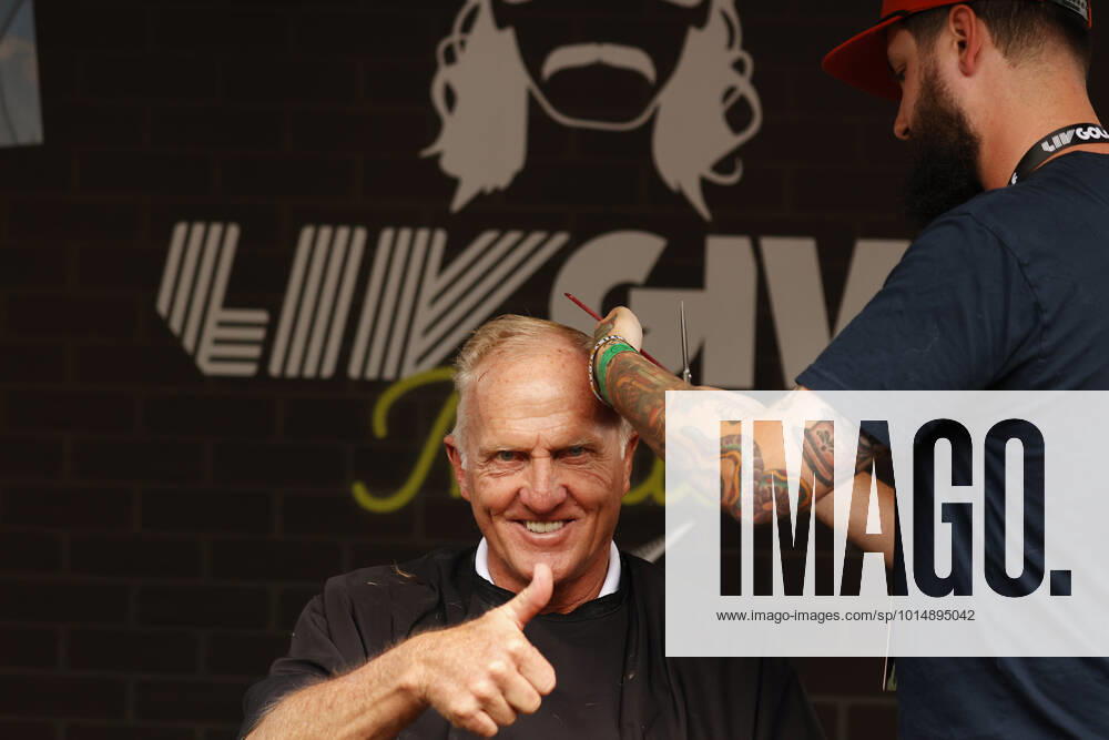 SUGAR GROVE, IL - SEPTEMBER 17: Greg Norman the LIV CEO and golf commissioner gives a thumbs up while getting a mullet hair cut for charity after the second round of the LIV Golf Invitational Series Chicago on September 17, 2022 at Rich Harvest Farms in Sugar Grove, Illinois. (Photo by Brian Spurlock Icon Sportswire) GOLF: SEP 17 LIV Golf Invitational Series Chicago Icon220917063