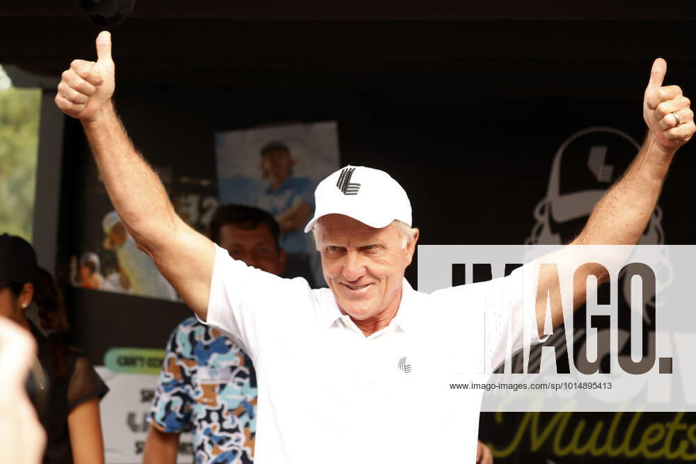 SUGAR GROVE, IL - SEPTEMBER 17: Greg Norman the LIV CEO and golf commissioner as Norman reacts before getting a mullet hair cut for charity after the second round of the LIV Golf Invitational Series Chicago on September 17, 2022 at Rich Harvest Farms in Sugar Grove, Illinois. (Photo by Brian Spurlock Icon Sportswire) GOLF: SEP 17 LIV Golf Invitational Series Chicago Icon220917082