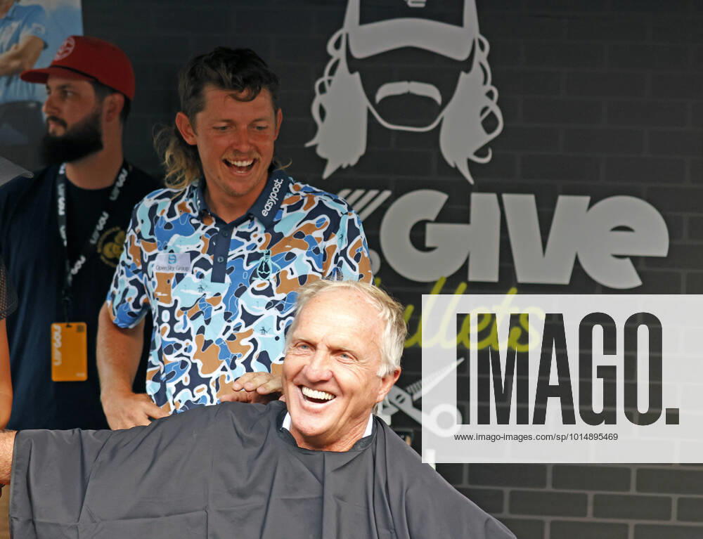 SUGAR GROVE, IL - SEPTEMBER 17: LIV golfer Cameron Smith gives Greg Norman the LIV CEO and golf commissioner a mullet hair cut for charity after the second round of the LIV Golf Invitational Series Chicago on September 17, 2022 at Rich Harvest Farms in Sugar Grove, Illinois. (Photo by Brian Spurlock Icon Sportswire) GOLF: SEP 17 LIV Golf Invitational Series Chicago Icon220917088