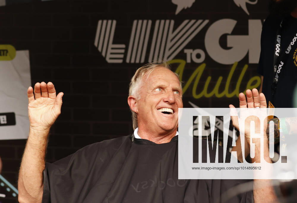 SUGAR GROVE, IL - SEPTEMBER 17: Greg Norman the LIV CEO and golf commissioner reacts while getting a mullet hair cut for charity after the second round of the LIV Golf Invitational Series Chicago on September 17, 2022 at Rich Harvest Farms in Sugar Grove, Illinois. (Photo by Brian Spurlock Icon Sportswire) GOLF: SEP 17 LIV Golf Invitational Series Chicago Icon220917100