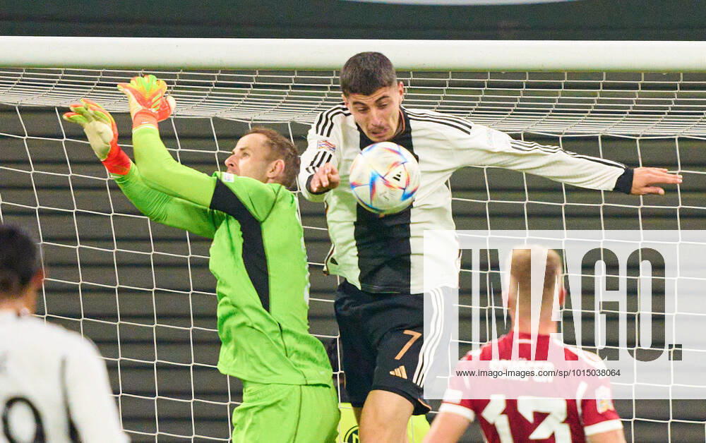Kai Havertz, DFB 7 compete for the ball, tackling, duel, header, zweikampf, action, fight against Peter Gulacsi, HUN 1 in the UEFA Nations League 2022 match GERMANY - HUNGARY in Season 2022 2023 on Sept 23, 2022 in Leipzig, Germany.