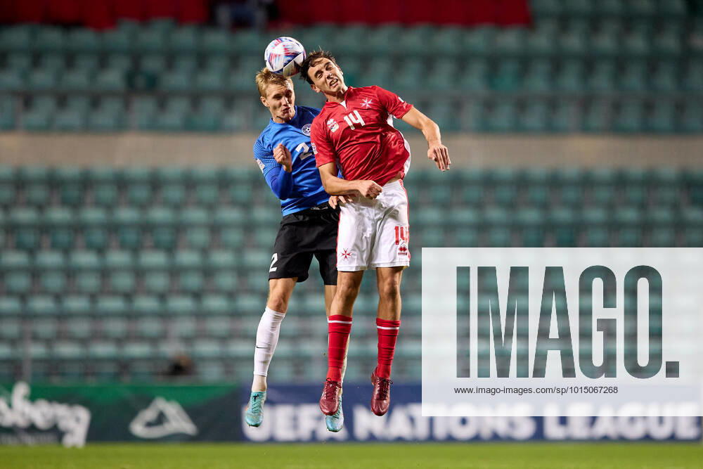 Estonia national soccer team player Henrik Pürg (L) and Maltas Alexaner Satariano (R) vie for the ball during the UEFA Nations League, League D, Group 2 qualification soccer match between Estonia and Malta at the A. Le Coq Arena in Tallinn, Estonia on 23 September 2022 Photo Domenic Aquilina Estonia v Malta UNL_QUAL_22