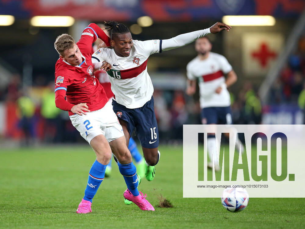 football international match UEFA Nations League 2022 23, Czech Republic Portugal, at Fortuna Arena Prague L R David Zima Czech Republic vs Rafael Leao Portugal