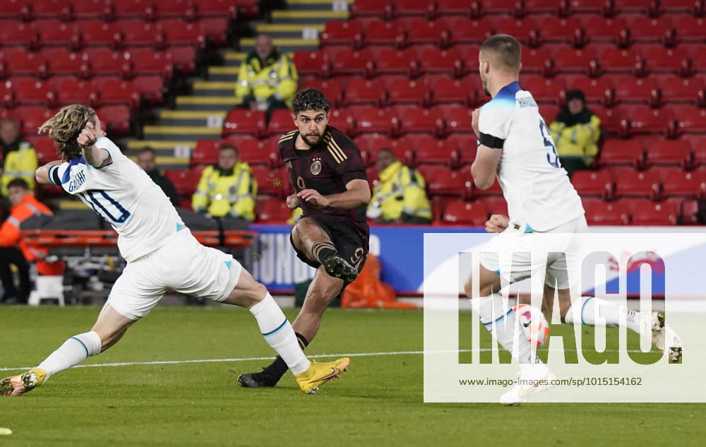 Sheffield, England, 27th September 2022. Reda Khadra of Germany takes a shot on goal during the International Friendly, Länderspiel, Nationalmannschaft match at Bramall Lane, Sheffield. Picture credit should read: Andrew Yates Sportimage . SPI-1910-0022