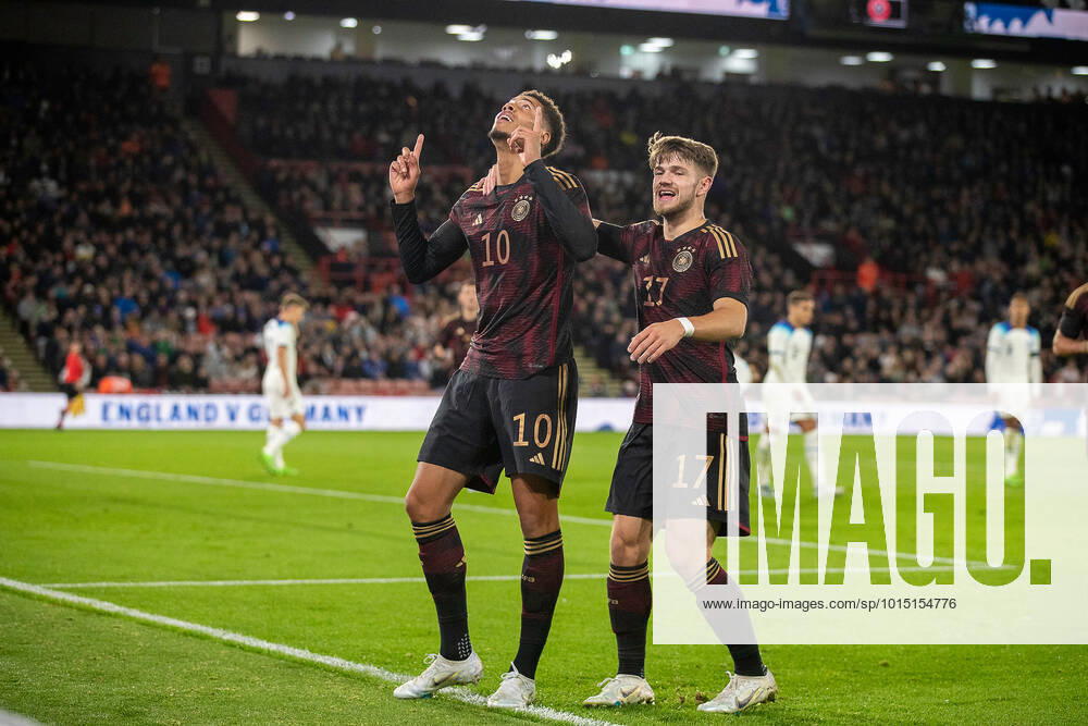 Felix NMecha (10) of Germany celebrates his goal during the International Friendly, Länderspiel, Nationalmannschaft match between England U-21 and Germany U-21 at Bramall Lane, Sheffield, England on 27 September 2022.