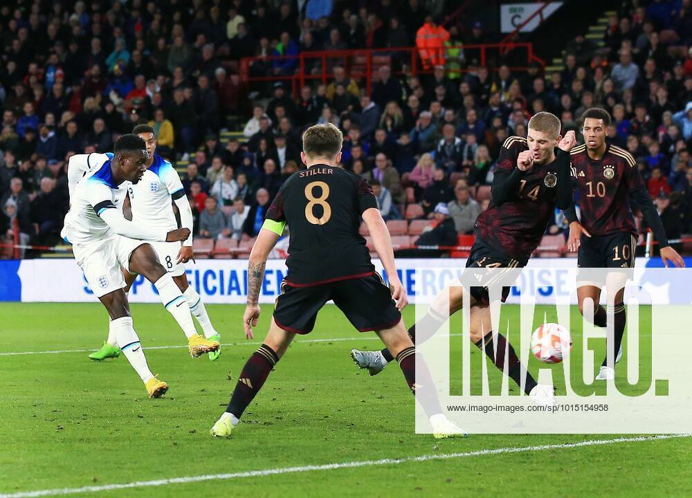 Mandatory Credit: Photo by Matt West Shutterstock (13423132m) Folarin Balogun of England scores a goal to make it 1-1 England U21, U 21 v Germany U21, Friendly, International Football, Bramall Lane, Sheffield, UK - 27 Sep 2022 England U21 v Germany U21, Friendly, International Football, Bramall Lane, Sheffield, UK - 27 Sep 2022