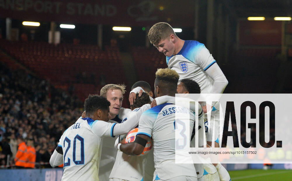 Celebrations after Cole Palmer (Manchester City) of England U21, U 21 goal makes it 3-1 during the International Friendly, L?nderspiel, Nationalmannschaft match between England U21 and Germany U21 at Bramall Lane, Sheffield, England on 27 September 2022.