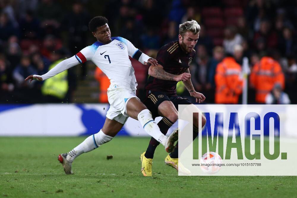 Mandatory Credit: Photo by Kieran Riley JMP Shutterstock (13424664l) Rhian Brewster of England U21, U 21 tackles Jordan Beyer of Germany U21 England U21 v Germany U21, UK - 27 Sep 2022 Editorial use only England U21 v Germany U21, UK - 27 Sep 2022 Editorial use only