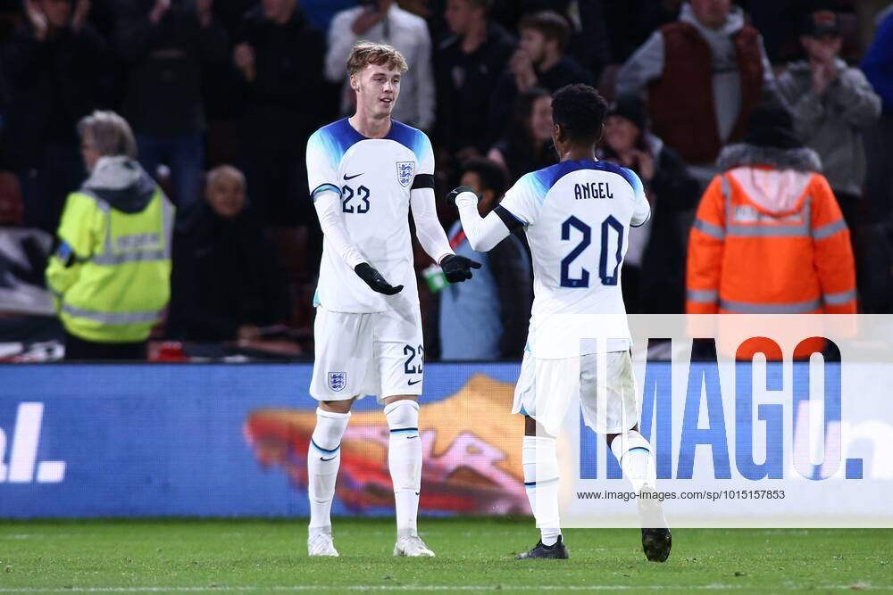 Mandatory Credit: Photo by Kieran Riley JMP Shutterstock (13424664m) Cole Palmer of England U21, U 21 celebrates with Angel Gomes of England U21 after scoring a goal to make it 3-1 England U21 v Germany U21, UK - 27 Sep 2022 Editorial use only England U21 v Germany U21, UK - 27 Sep 2022 Editorial use only
