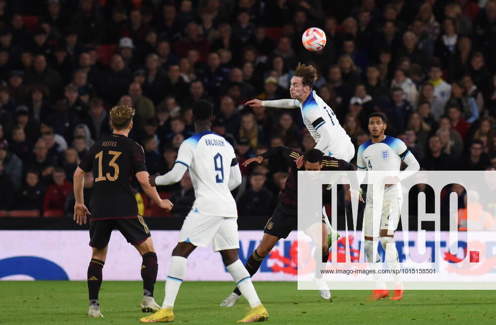 James Garner (Everton) of England U21, U 21 & Felix Nmecha (VfL Wolfsburg) of Germany U21 during the International Friendly, L?nderspiel, Nationalmannschaft match between England U21 and Germany U21 at Bramall Lane, Sheffield, England on 27 September 2022.