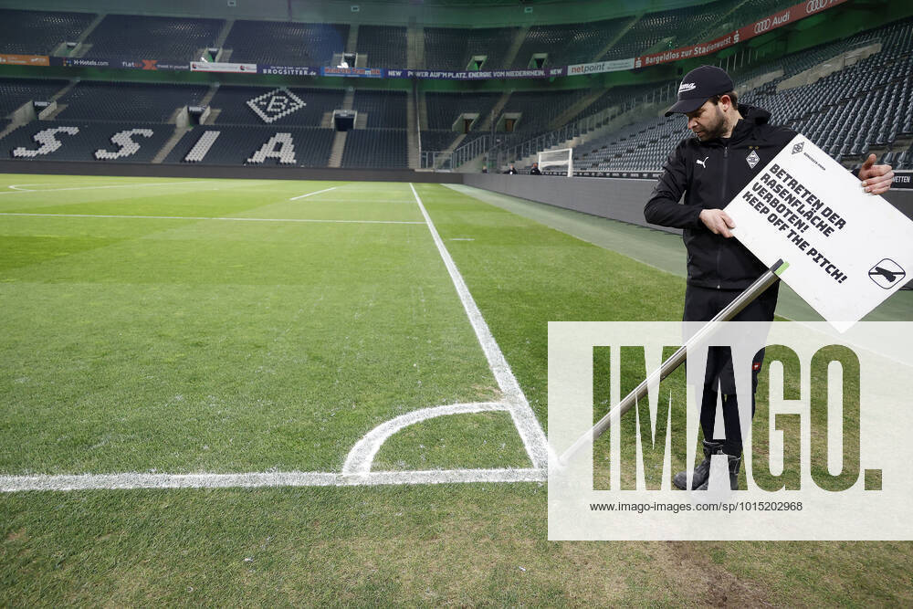 Mönchengladbach, Germany, 1 Football Bundesliga, 26 Matchday Borussia Mönchengladbach Hertha BSC Berlin 2 0 19 03 2022 at Borussia Park in Mönchengladbach The stadium staff of the greenkeeping team taking care of the lawn at Borussia Park after the end of the match